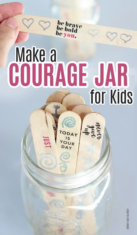 Encourage your kids with a courage jar! A simple DIY with inspiring words for the whole family. Part of this month's Family Dinner Book Club and perfect for the new school year! #DIY #masonjar #parenting #backtoschool Book Club Activities, Parenting Workshop, Self Esteem Activities, Child Life Specialist, School Social Work, Parenting Classes, Counseling Activities, Child Therapy, Mindfulness For Kids