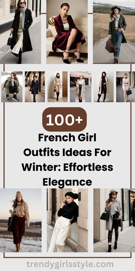 A collection of stylish winter outfits featuring chic coats, cozy sweaters, and elegant accessories, perfect for creating a sophisticated French-inspired winter wardrobe. Outfits Ideas For Winter, Girl Outfits Ideas, Elegant Chic Outfits, French Girl Outfits, Winter Fashion Inspiration, Girl Outfit Ideas, French Chic Fashion, French Girl Aesthetic, Capsule Wardrobe Casual