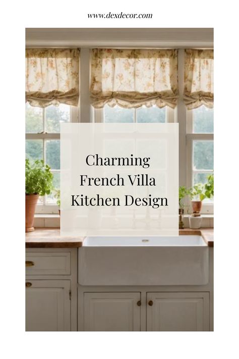 Charming French villa kitchen with floral curtains and potted plants on the windowsill. Villa Kitchen Design, French Kitchen Ideas, French Home Design, Country Kitchen Renovation, Villa Aesthetic, French Kitchen Design, Home Design Kitchen, Kitchen Flooring Trends, Villa Kitchen