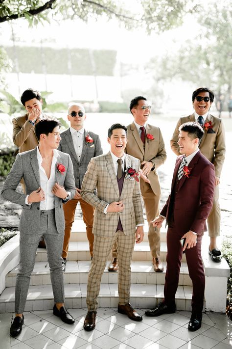 Brides Man Outfit, Groomsmen Attire Aesthetic, Non Traditional Groomsmen Attire, Fun Groom Attire, Unconventional Groom Attire, Male Bridesmaid Outfit, Bridesmen Attire, Colorful Groomsmen Attire, Vintage Groomsmen Attire