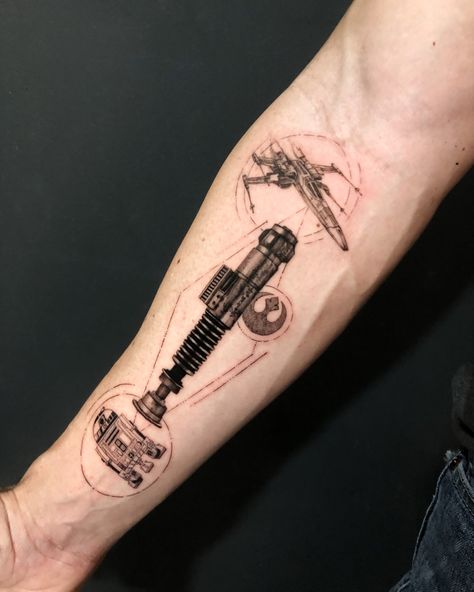 Jedi Starfighter Tattoo, Star Wars Ship Tattoo, Lightsaber Hilt Tattoo, May The Force Be With You Tattoo, Lightsaber Tattoos, Jedi Tattoo, R2d2 Tattoo, Dc Tattoos, Vader Tattoo