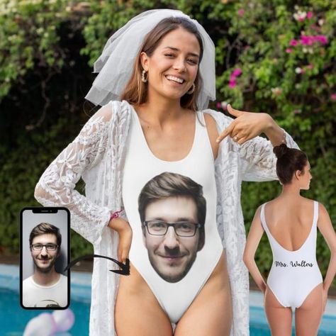 Emmaline Bride - Handmade Wedding Blog A photo of your groom’s face can now be printed into a custom photo swimsuit, which means your pool or beach bachelorette party just got 1000% more fun! Emma here… Handmade Wedding Blog Bachelorette Swimsuit, Bride Squad Swimsuit, Squad Swimsuit, Barbie Beach, Dark Images, Swimsuit One Piece, Best Swimsuits, Bride Squad, Big Face