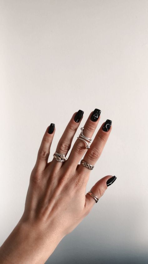 Witch Nails Square, Square Witchy Nails, Gothic Square Nails, Acrylic Nails Witchy, Black Square Nails Design, Black Square Acrylic Nails, Witchy Symbols, Nails Witchy, Witch Nails