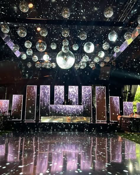 Party Hall Decor Ideas, Birthday Dance, Sangeet Night, Sangeet Decor, Disco Decorations, Disco Party Decorations, Prom Themes, Outdoor Christmas Decoration Ideas, Outdoor Decoration Ideas