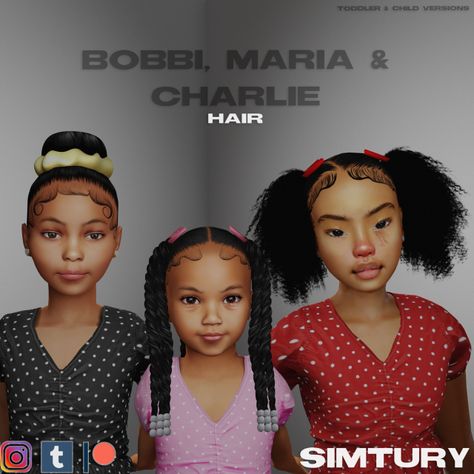 Bobbi, Maria & Charlie Hairstyles Toddler & Child Versions Available DOWNLOAD HERE Afro Hair Sims 4 Cc, Toddler Hair Sims 4, Sims 4 Afro Hair, Sims Baby, Sims 4 Challenges, Sims 4 Black Hair, Sims 4 Cc Kids Clothing, The Sims 4 Pc, Play Sims 4