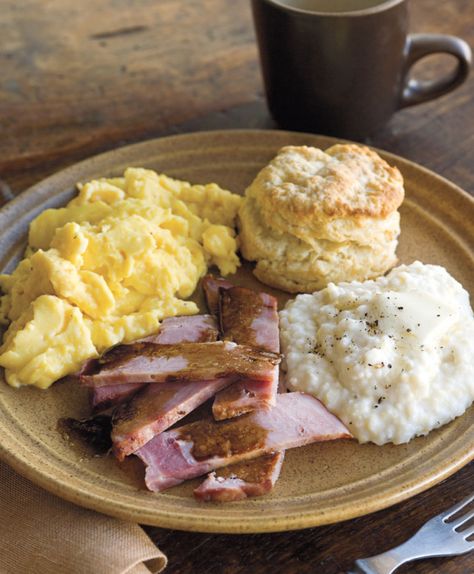 A Southern Breakfast | Williams-Sonoma Taste Southern Breakfast Recipes, Grits And Eggs, Southern Breakfast, Fluffy Scrambled Eggs, Cheesy Grits, Ham Steaks, Breakfast Cookies, Large Gift, Breakfast Recipe