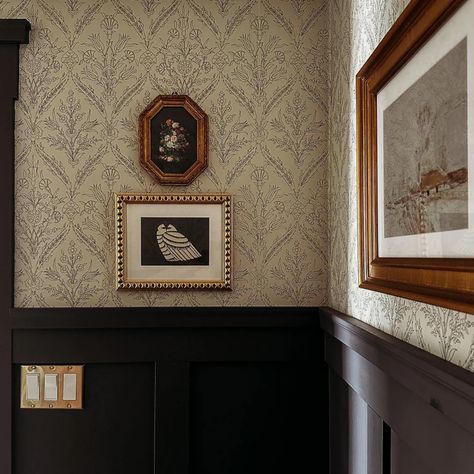 The Wallpaper Collection – North and Finch French Floral Wallpaper Room, Panel Wallpaper Staircase, Framed Wallpaper Panels Entryway, Modern Wainscoting With Wallpaper, Moody Hallway, Victorian Laundry, Moody Neutrals, Basement Inspiration, Texas House