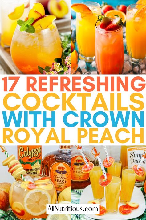 Mixed Drinks With Peach Crown Royal, Peach Crown Drinks Recipes, Peach Cocktail Recipes, Alcoholic Drinks For A Party, Alcoholic Drink Ideas, Crown Royal Recipes, Crown Drink, Summer Drink Ideas, Peach Cocktail Recipe