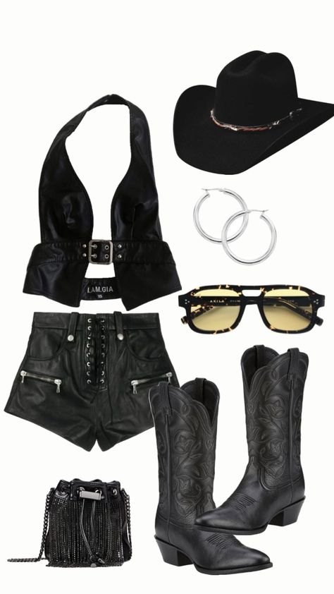 Cowboy Rockstar Outfit, Aesthetic Nashville Outfits, Cool Cowgirl Aesthetic, La La Palooza Outfits, Biker Cowgirl Outfit, Larry June Concert Outfit, Rodeo Inspo Outfits, Nickleback Concert Outfits, Cowboy Club Outfit