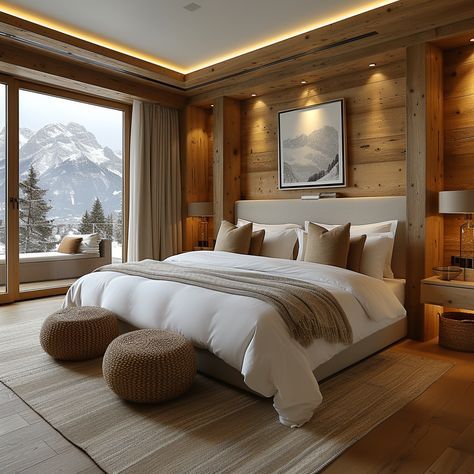 Cabin Hotel Room, Modern Mountain Home Bedroom, Mountain Hotel Room, Cabin Room Ideas Bedrooms, Ski Chalet Bedroom, Bedroom Ideas Wood, Ski Cabin Interior, Modern Rustic Bedroom Ideas, Lodge Style Bedroom