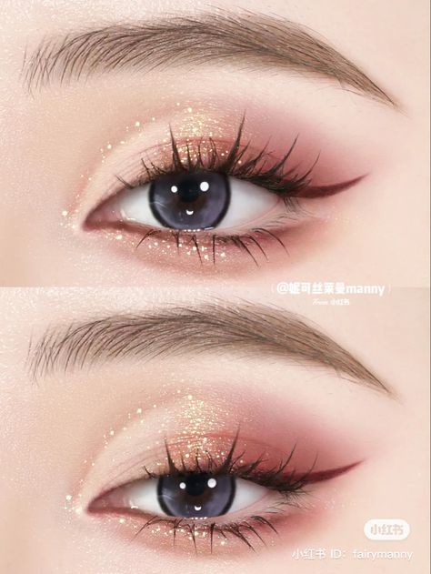 Korean Wedding Eye Makeup, Brown Makeup Ideas Eyeshadows, Shiny Nose Makeup, Asian Wedding Eye Makeup, Prom Korean Makeup, Cute Makeup For Prom, Prom Makeup Douyin, Subtle Douyin Makeup, Gold Eye Makeup Asian