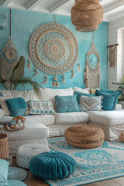 15 Stunning Boho Coastal Living Room Ideas for a Beachy Home 42 Peach And Turquoise Living Room, White Walls Colorful Furniture, Greece Inspired Living Rooms, Floor Furniture Living Room, Bright Home Decor Ideas, Beach Style Home Decor, Nautical Boho Decor, Cozy Beach Cottage Interiors, Ocean Inspired Living Room