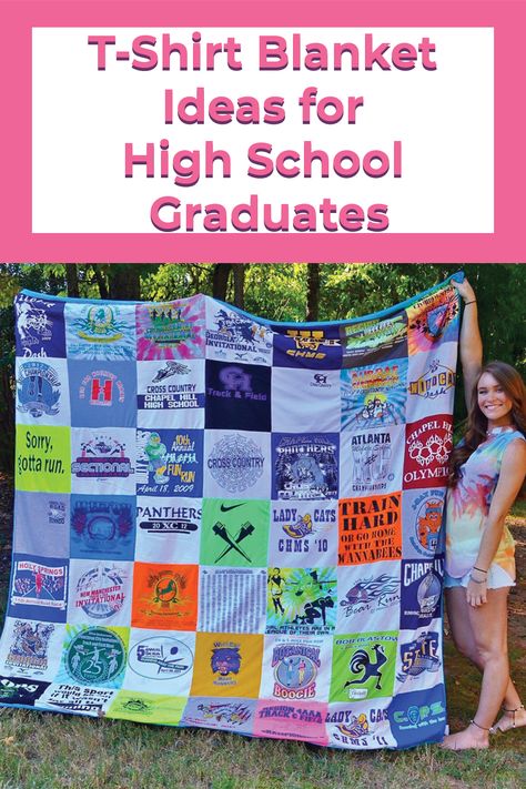 How To Make A Blanket Out Of Old Tshirts, School Shirt Blanket, School Spirit Blankets, How To Make A T-shirt Quilt, Tshirt Wuilts, T Shirt Blanket, Shirt Blanket, School Jersey, Graduation Memories