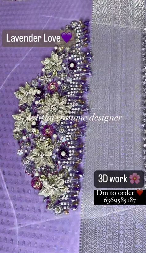 3d Maggam Work Blouse Designs, 3d Blouse Design, Lavender Saree Blouse Designs, Unique Designers Aari Work, Lavender Saree, Magam Work Designs, Maggam Designs, Handwork Blouse, Work Blouse Designs