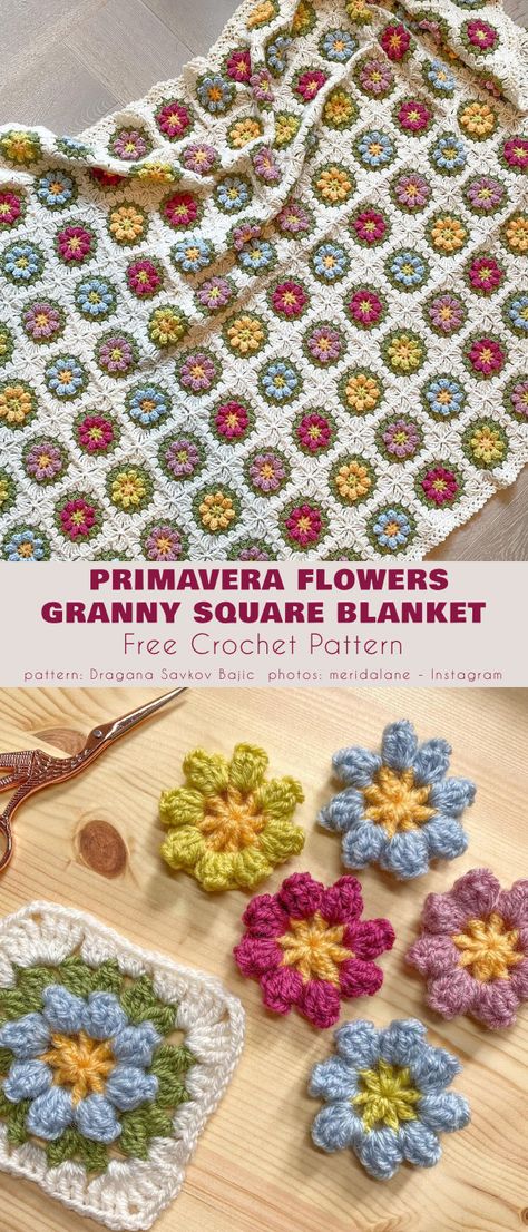 Easy Flower Granny Square For Beginners, Primavera Granny Square, Primavera Crochet Blanket, Primavera Flowers Granny Square, Crochet Large Flower Granny Square, Easy Crochet Flower Blanket, Colorful Granny Square Crochet Pattern, Crochet Flower Block Free Pattern, Easy Flower Granny Square Pattern Free