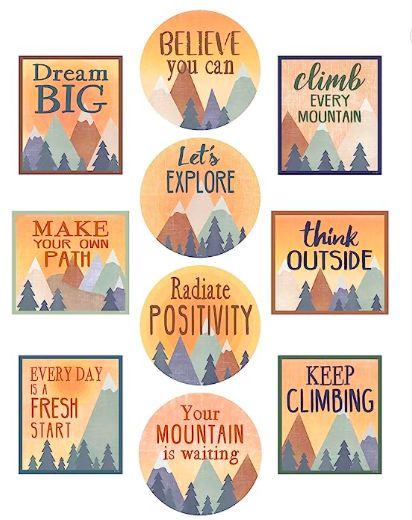 Moving Mountains Positive Sayings Camping Classroom, Moving Mountains, Class Theme, Positive Sayings, Adventure Theme, Mountain Decor, Teacher Created Resources, Classroom Walls, School Themes