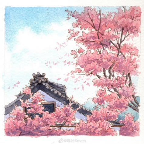 Korean Painting Ideas, House Drawing Reference, Korea Watercolor, Sceneries Painting, Korean Cherry Blossom, Idea For Sketchbook, Cottagecore Drawing, 桜 イラスト, Landscape Anime