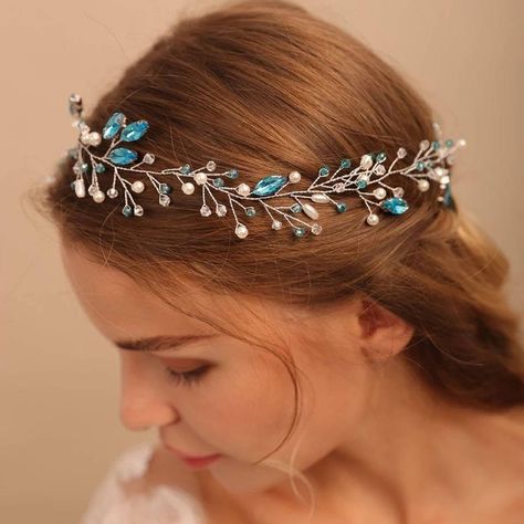 Blue Hair Vine/turquoise Hair Piece/aquamarine Hair | Etsy Blue Wedding Headpiece, Aquamarine Hair, Blue Headpiece, Long Hair Vine, Floral Hair Wreath, Baby Blue Weddings, Long Bridal Hair, Gem Hair, Romantic Blue