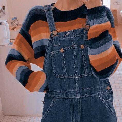 Blue Orange Outfit Aesthetic, Indie Orange Aesthetic, Clothing Aethstetics, Hannah Core Aesthetic Clothes, Happy Clothes Aesthetic, Blue Overalls Aesthetic, Blue And Orange Aesthetic Outfit, Orange And Blue Clothes, Artcore Aestethic Outfits