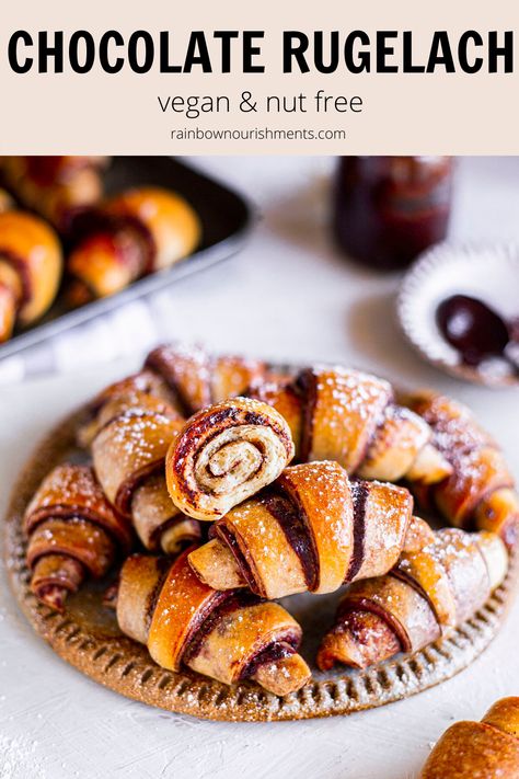 Flaky rugelach - a delicate pastry which is a lot easier to make than it looks! I’ve included step-by-step pictures of how to make rugelach. Chocolate Rugelach Recipe, Rainbow Nourishments, Chocolate Rugelach, Rugelach Recipe, Vegan Cinnamon Rolls, Vegan Sushi, Jewish Recipes, Vegan Dessert Recipes, Vegan Cake