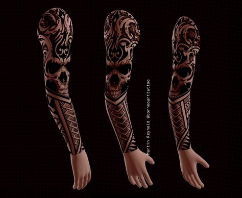 Combination skull and borneo polynesian tattoo Polynesian Skull Tattoo, Polynesian Tattoo, Skull Tattoo, Tattoos