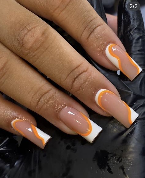 Trendy Nail Inspo Square Short, Finger Nails Design Latest Fashion, White French Tip With Orange Line, Nails Acrylic 2023 Trend, Short French Tip Acrylic Nails Color, Gemini Acrylic Nails, Ginger Nails Acrylic, Square Medium Nails Acrylics, Short French Tip Acrylic Nails With Design