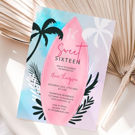 Surf Beach Party, Tropical Sweet 16, Pink Surfboard, Beach Surfboard, Summer Birthday Invitations, Sweet Sixteen Birthday Invitations, Tropical Theme Party, Beach Party Invitations, Tropical Birthday Party