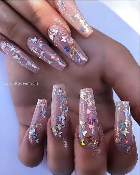 Butterflies Nails Acrylics, Holographic Butterfly, Wedding Acrylic Nails, Nails Valentine, Butterfly Nail Designs, Encapsulated Nails, Festa Harry Potter, Butterfly Nails, Makeup Hacks Beauty Secrets