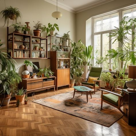 Artist Living Room Aesthetic, Danish Living Room Ideas, Scandi Maximalism, Earthy Vintage Living Room, Living Room Designs With Plants, Green Boho Living Room, Green Living Room Aesthetic, Living Room Danish, Biophilic Living Room