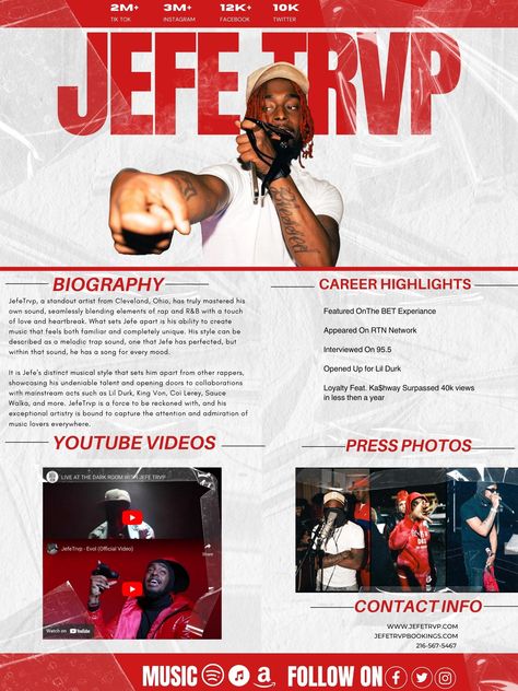 This 1-page electronic press kit template for bands, singers, and musicians is the perfect way to professionally introduce yourself to venues, festivals, press, and promotors ready to land the gig of your dreams! The media kit template for music artists includes an artist's bio, links to your music, photos, a summary of your past performances, and your contact details. You can input all of your own information, including your own photos, in this pre-made electronic press kit template. Artist Press Kit Design, Electronic Press Kit Musicians, Artist Epk Design, Epk Press Kit Music, Music Press Kit, Media Kit Template Free, Press Kit Design, Press Kit Template, Electronic Press Kit