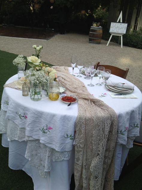 Garden Party wedding sweethearts table Layered Table Cloth, Table Cloth Ideas, Sweethearts Table, Layered Table, Dark Blue Bridesmaid Dresses, Bride And Groom Table, Cloth Ideas, Heart Table, Sweetheart Table Wedding