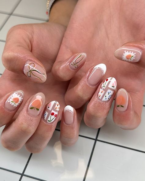 dare I say my favorite set yet!? 🫢🍑🎀🍒 #nailsart #gelnails #utahnails #logannails #loganutah #nailart #nailfeed #nailinspiration #nailpower #nails #nailworld #bombnails #luminarynails #luminarynailsystems #ericasta #gelnails #naturalnails #naildesigns #nailinspo #utahnailtech #utahnailartist #instagramnails #dndgelpolish #beetlesgelpolish #luxa #luxapolish #peachnails #bownails Opposite Hands Nails, Mountain Nail Ideas, Mollie Core, Mountain Nails Designs, Camping Nail Art, Short Hippie Nails, Ski Nails, Quilt Nails, Mountain Nail Art