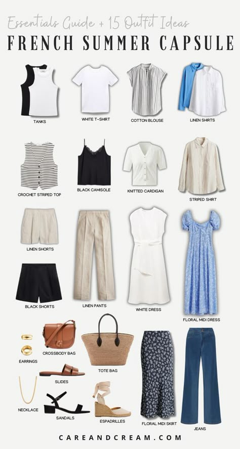 Discover the essentials of a chic French summer capsule wardrobe! Get inspired with 15 French summer outfits that showcase the best of Parisian chic style. Learn about French wardrobe essentials that embody classy, effortless fashion. Plus: French summer style, Parisian capsule wardrobe. Outfits For Work Summer Casual, Parisian Vacation Style, Summer Fashion Essentials, Classy Wardrobe Capsule, Summer Uniform Outfits, Summer Outfit Italy, Parisian Outfits Summer, French Wardrobe Capsule, French Summer Outfits