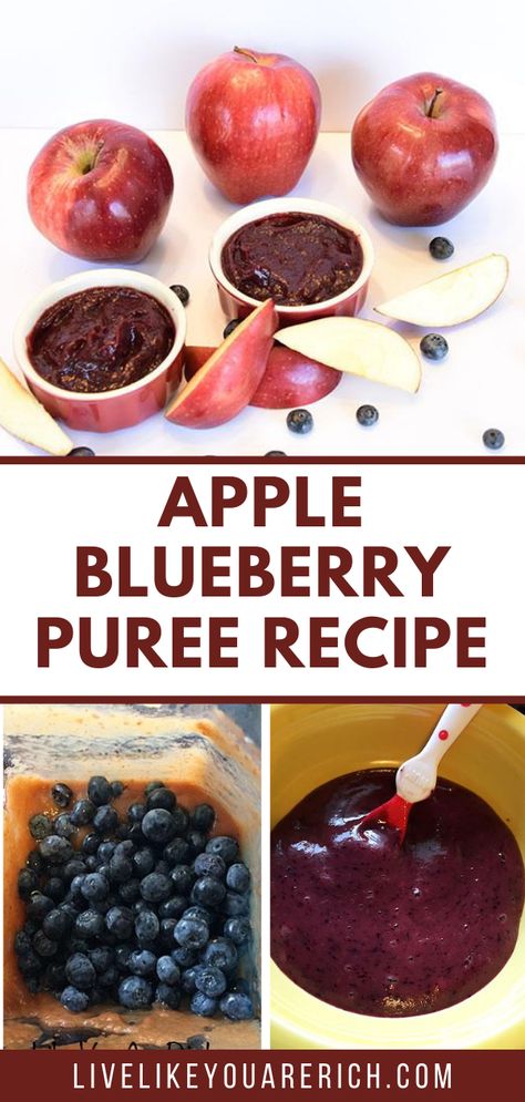 Stage Two Baby Food Recipes, Apple Baby Food Recipe, Blueberry Puree Baby Food, Blueberry Baby Food Puree, Blueberry Puree Recipe, Blueberry Baby Food, Baby Food Puree Combinations, Apple Puree For Baby, Baby Applesauce