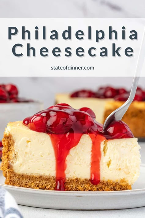 Indulge in the ultimate cheesecake experience with this classic Philadelphia Cheesecake recipe. Rich and creamy with a buttery graham cracker crust, it's the perfect dessert for dinner parties and special occasions. Philadelphia Cheesecake Recipe, Cheesecake Water Bath, Philadelphia Cream Cheese Recipes, Cheesecake Recipes Easy Homemade, Bakes Recipe, Perfect Cheesecake Recipe, Cheesecake Delight, Cheesecake Recipes Philadelphia, Homemade Cheesecake Recipes