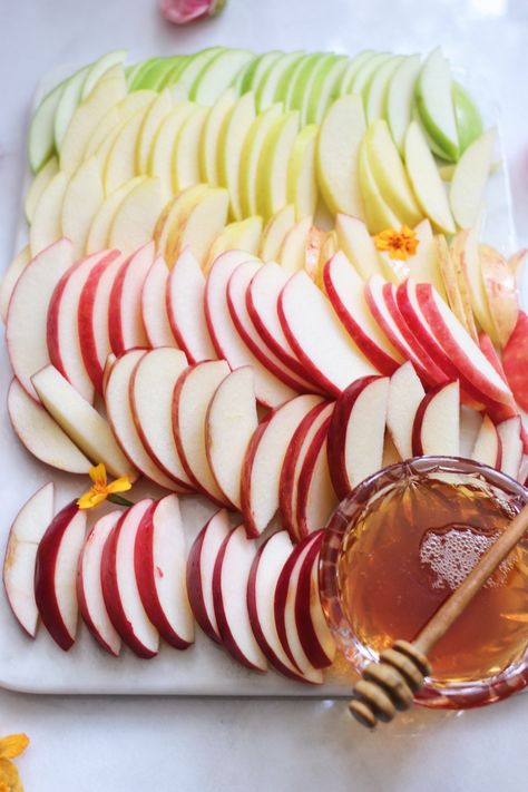 Rainbow Apples and Honey Board | Rebekah Lowin Rosh Hashanah Food, Rosh Hashanah Menu, Mini Pancake Muffins, Vanilla Sugar Cookie Recipe, Apples And Honey, Rosh Hashanah Table, Rosh Hashanah Recipes, Apple Honey, Healthy Halloween Treats