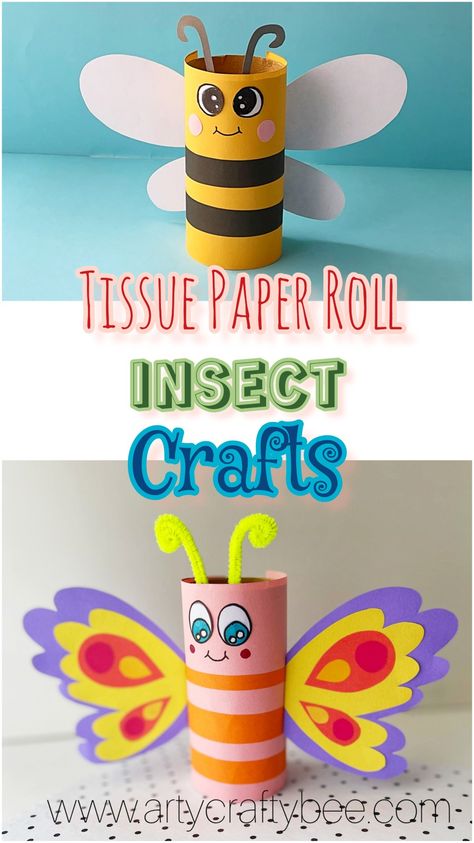 Toilet paper roll insects and bugs crafts. Insect Recycle Project, Diy Crafts Using Toilet Paper Rolls, Recycled Insect Project, Toilet Paper Butterfly Craft, Bee Toilet Paper Roll Craft, Toilet Paper Roll Crafts Butterfly, Minibeasts Crafts For Kids, Toilet Paper Roll Bee, Litterbug Project