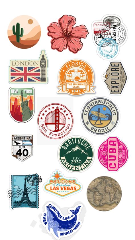 Travel Stickers Aesthetic, Travel Stickers Printable, Iphone Wallpaper Blur, Diy Canvas Art Easy, Surf Stickers, Scrapbook Book, Travel Stickers, Business Stickers, Badge Design