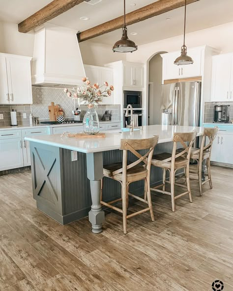 Kitchen Island End Panels, Kitchen Island Ends, Kitchen Island With Legs, Contrasting Kitchen Island, Green Kitchen Island, Farmhouse Bar Stools, Farmhouse Kitchen Inspiration, Kitchen Island With Sink, Grey Kitchen Island