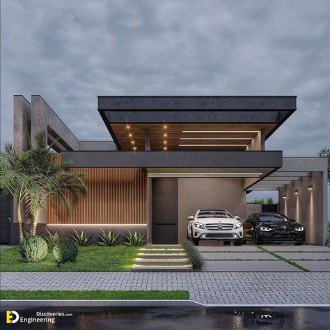 Top 51+ Modern House Design Ideas With Perfect Garage Car For 2022 - Engineering Discoveries Apartments Exterior, Plan Villa, Garage Car, Contemporary House Exterior, House Design Ideas, House Floor Design, Modern House Facades, Modern Exterior House Designs, Minimal House Design