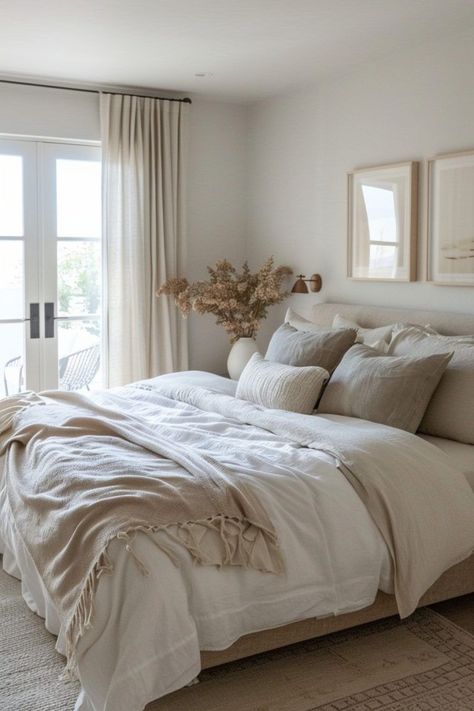 Cozy Bed Decor Ideas, Mountain Chic Bedroom, Mountain Room Aesthetic, Cozy Bedding Aesthetic, Bedding Inspo Cozy, Bedroom Ideas Pastel, Neutral Room Aesthetic, Neutral Bedding Ideas, College Apartment Aesthetic