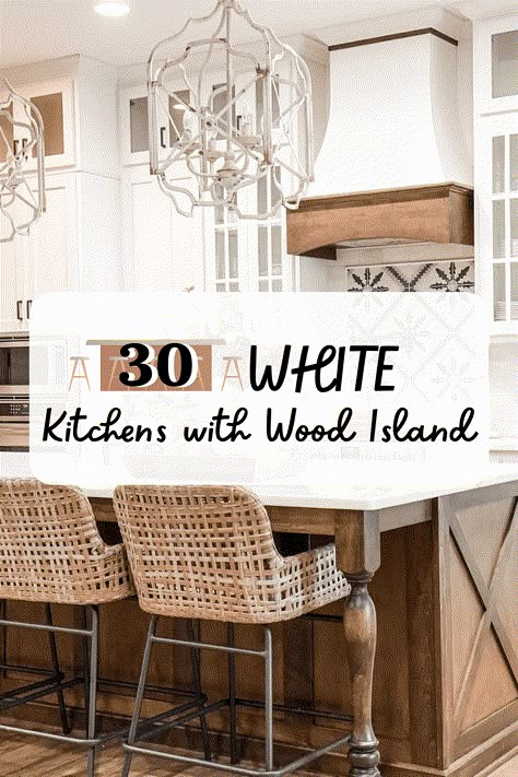 There is no arguing with the fact that a white kitchen with wood island absolutely embodies the spirit of farmhouse style décor. Whether you are looking to White Wood Kitchens, Antique White Kitchen, Light Wood Kitchens, White Oak Kitchen, Natural Wood Kitchen, Off White Kitchens, Creative Tile, Dark Wood Kitchens, Wood Island