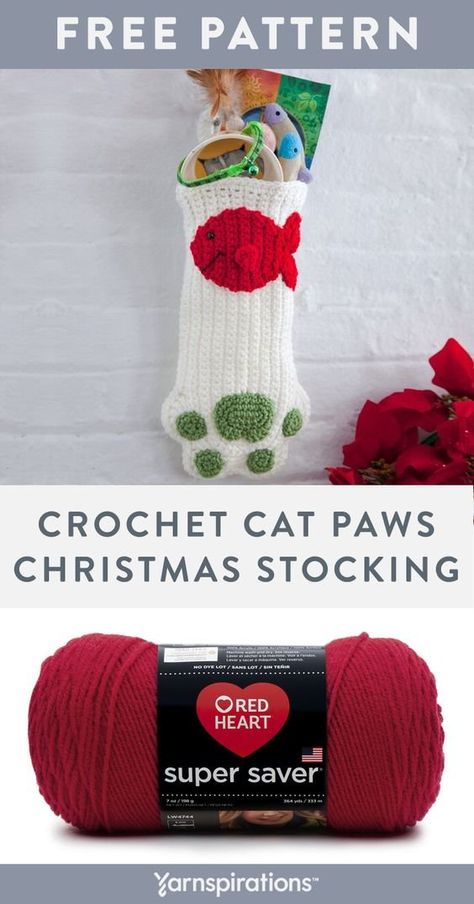 Free Cat Paws Christmas Stocking using Red Heart Super Saver yarn. Give kitty her goodies in this crochet stocking! Designed with lots of room for treats and toys, this playful project promises fun and frolic for kitty on Christmas morning. #Yarnspirations #FreeCrochetPattern #CrochetStocking #CrochetChristmas #CrochetXmas #CrochetHoliday #DIYChristmas #DIYHoliday #ChristmasStocking #HolidayStocking #Xmas #RedHeartYarns #RedHeartSuperSaver Crochet Cat Stocking Pattern Free, Crochet Pet Stocking, Crochet Stockings Christmas, Christmas Stocking Pattern Free, Kat Haken, Cat Christmas Stocking, Crochet Christmas Stocking Pattern, Red Heart Super Saver Yarn, Crochet Holiday