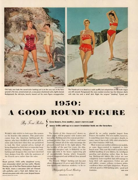 Celebrating A Woman's 'Roundness': A 1950 Fashion Magazine Spread 1950 Beach, 1950s Magazine, Vintage Vogue Covers, Yearbook Spreads, Fashion Magazine Layout, Holiday Magazine, 잡지 레이아웃, Magazine Spread, 1950 Fashion