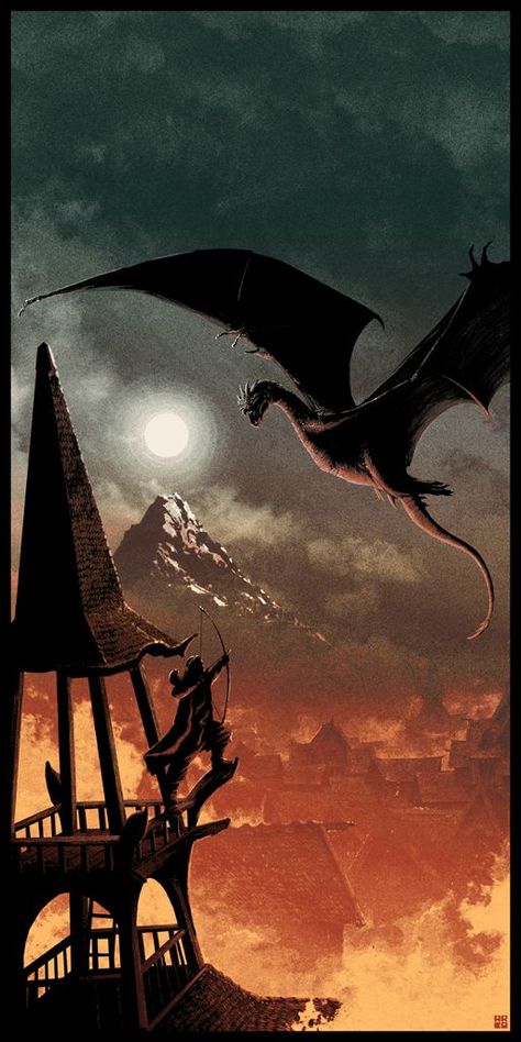 Matt Ferguson's beautiful The Hobbit poster for exhibition - Imgur Hobbit Poster, Matt Ferguson, Demon Dragon, Lord Of Rings, Lake Town, John Howe, Hobbit Art, Middle Earth Art, Tolkien Art