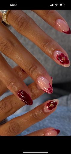 Short Fuschia Nails, Red Fun Nails, Red Pattern Nails, Easy Almond Nail Designs, Dark Red Nails Design, British Nails, Winter Nails Red, Nails Dark Red, Copper Nails Designs