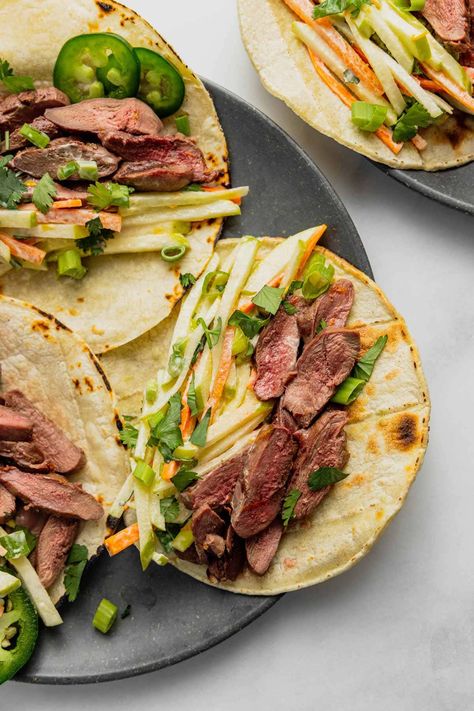 Scented with orange and grilled to perfection these duck breast tacos are paired with a sweet and tangy apple slaw for a great wild game meal! Crockpot Duck, Grilled Duck, Duck Tacos, Apple Slaw, Duck Breast, Wild Game, Healthy Protein, Healthy Crockpot Recipes, Crockpot Recipes