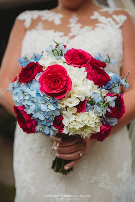 White and Blue Hydrangeas and Red Roses Bridal Bouquet – New Seabury Country Club, Cape Cod, Mashpee, Massachusetts Light Blue And Red Wedding, Red And Blue Bouquet, Red And Sky Blue Wedding, Wedding Bouquets Red And Blue, Red And Blue Bridal Bouquet, Dusty Blue And Red Bouquet, Red White Blue Bouquet, Nantucket Red Wedding, Red White And Blue Flower Arrangements Wedding