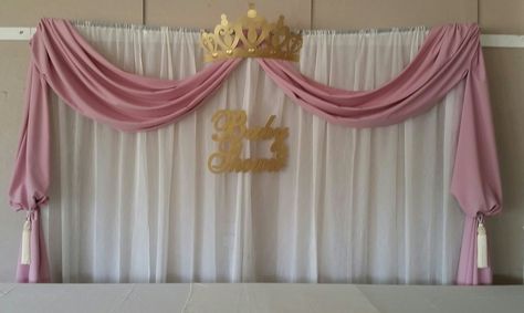 Backdrop - pink & gold with crown Crown Backdrop, Pink And White Curtains, Princess Curtains, Pageant Stage, Shower Dessert Table, Baby Shower Dessert, Photobooth Backdrop, Lolly Buffet, Girls 3rd Birthday