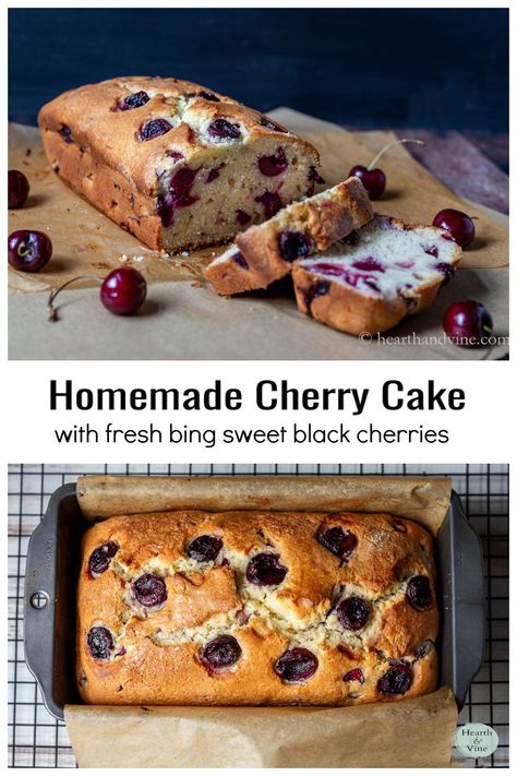 Sweet black cherries are perfect for this cake made in a loaf pan. Sweet and delicious you will love this easy cake filled with cherries for an any time of day treat. Black Cherry Recipes, Cherry Loaf Cake, Cherry Loaf, Cherry Pound Cake, Compound Butters, Black Cherries, Loaf Cake Recipes, Cherry Desserts, Cherry Cake